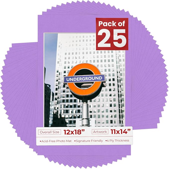 11x14 Mat for 12x18 Frame - Precut Mat Board Acid-Free Light Purple 11x14 Photo Matte For a 12x18 Picture Frame, Premium Matboard for Family Photos, Show Kits, Art, Picture Framing, Pack of 25 Mats by PosterPalooza
