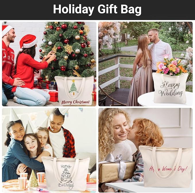 Segarty 3PCS 16.5x13 inch Natural Heavy DIY Tote for Crafting, Ironing and Embroidering, White Canvas Reusable Grocery Shopping Bag with Zipper - Image 7
