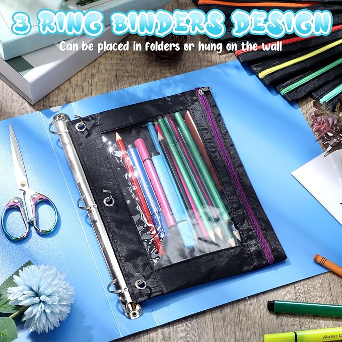 Leinuosen 64 Pack Black Pencil Pouch Bulk for 3 Ring Binder, Pencil Cases with Colored Zipper and Clear Window Storage Bag for Office, Back to School Classroom Supplies - Image 4