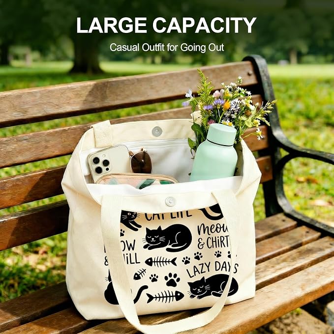 Printed Canvas Tote Bag Zipper Pocket & Magnetic Snap, Cat B | Versatile Hand Shoulder Carry, 15x16 Inch Large Large Capacity, for Work, Travel, Shopping - Image 5