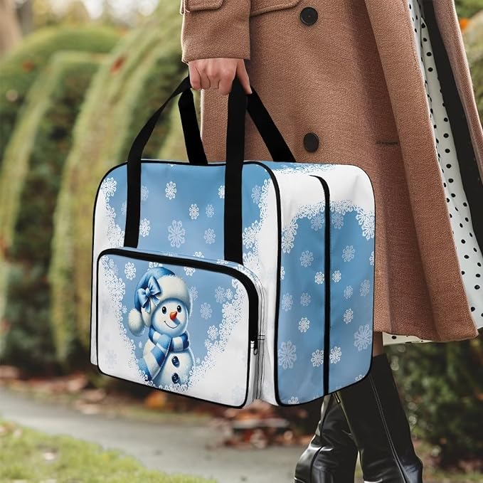 Sewing Machine Carrying Case Universal Appliance Dust Storage Bag Spacious Sewing Machine Accessories Organizer Bag Portable Travel Tote Bag, Snowman Snowflake Blue White - Image 3