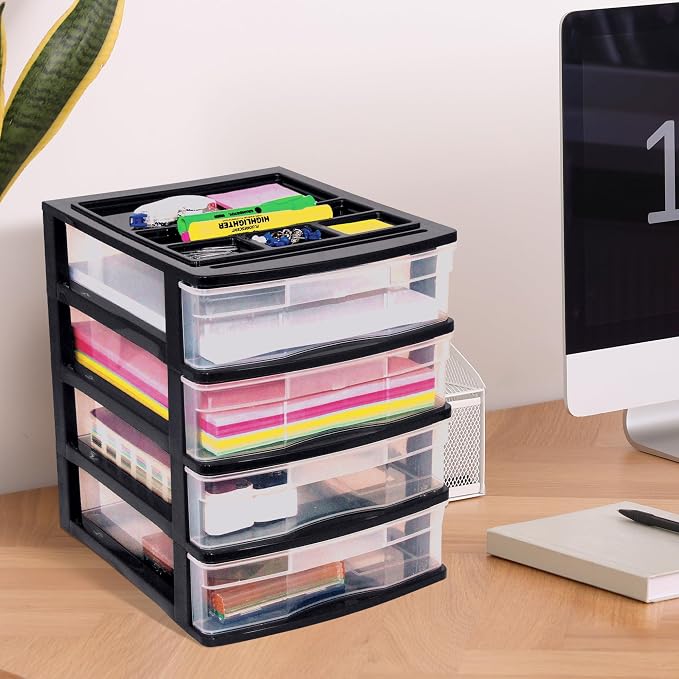 Gracious Living 4 Drawer Desktop & Countertop Organizer w/Organization Lid for Craft Storage, Office Supplies & School Supplies, Black/Clear (3 Pack) - Image 5