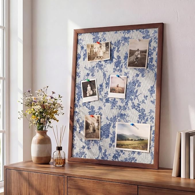 Leinuosen 17" x 23" Linen Cork Board for Walls Decorative Blue Rose Cork Boards Wood Framed Bulletin Boards, Picture Display Vision Pin Corkboards for Farmhouse Home Room Office Cottagecore Decor - Image 6