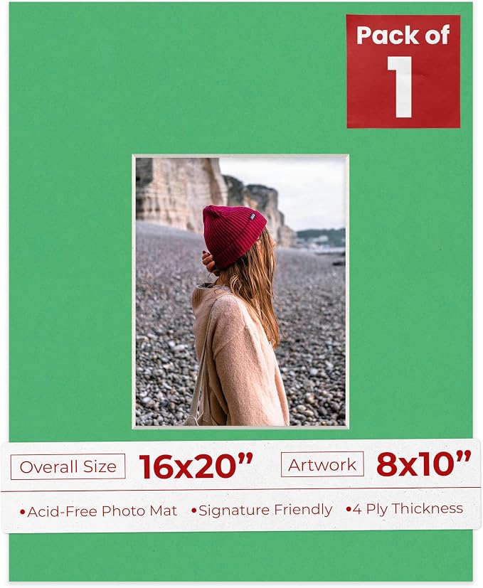 8x10 Mat for 16x20 Frame - Precut Mat Board Acid-Free Bright Green 8x10 Photo Matte For a 16x20 Picture Frame, Premium Matboard for Family Photos, Show Kits, Art, Picture Framing, Pack of 1 Mat by PosterPalooza