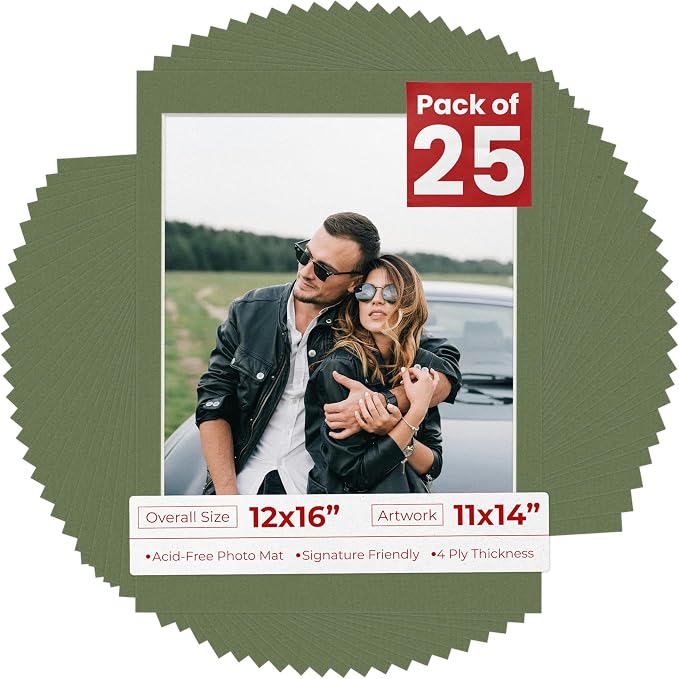11x14 Mat for 12x16 Frame - Precut Mat Board Acid-Free Dill Green 11x14 Photo Matte For a 12x16 Picture Frame, Premium Matboard for Family Photos, Show Kits, Art, Picture Framing, Pack of 25 Mats by PosterPalooza