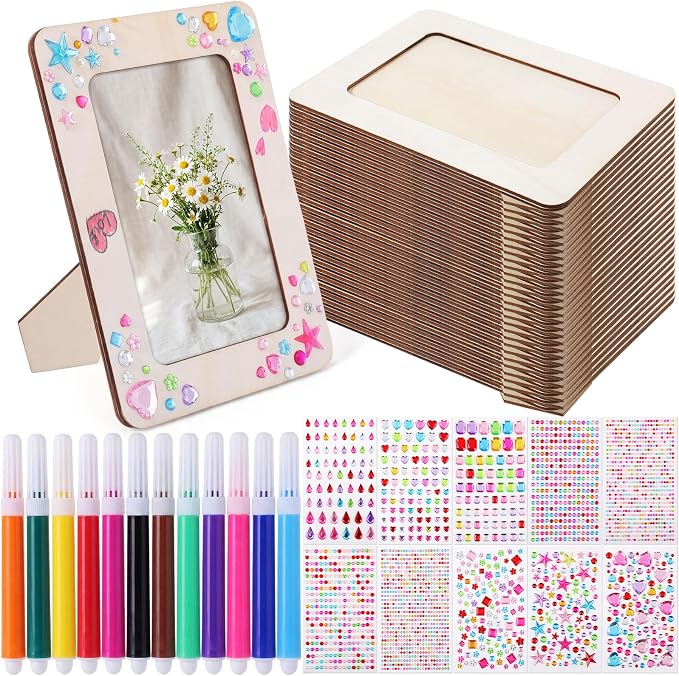 Yousoontic 30 Pack Picture Frame Painting Craft Kit for 4 x 6 Inch Photo DIY Unfinished Wooden Picture Frames with 30 Pcs Color Pens and 10 Sheets Crystal Diamond Stickers for DIY Craft - Image 8