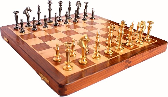 StonKraft 14" X 14" Collectible Wooden Folding Chess Game Board Set+Brass Pieces (Delivery < 7 Days)