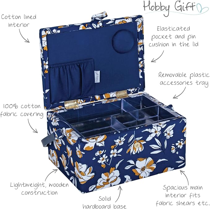 Hobby Gift Medium Sewing Box Organiser, Fabric Covered Storage Box with Handle, Internal Tray, Pin Cushion and Pocket for Sewing, Quilting and Knitting Supplies - Image 4