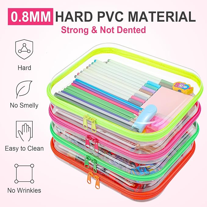 4 Pcs Hard Clear Zipper Case Makeup Bags Plastic Zipper Pouch Transparent Storage Box Containers for Cosmetics, Snacks, Building Blocks, Puzzles(Clear,9.8 x 7.9 x 2 in,Fluorescent) - Image 4
