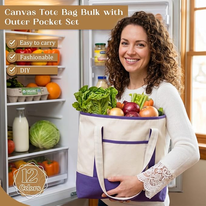 Sanwuta 24 Pcs Canvas Tote Bags Bulk with Outer Pocket and Makeup Pouch 18'' Reusable Grocery Bags with Handles for Women Beach DIY (Assorted) - Image 5