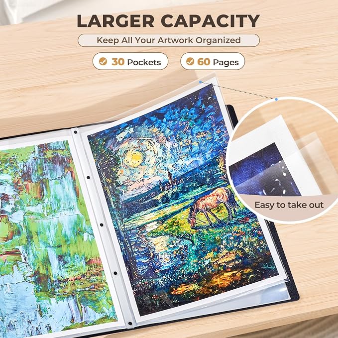 JoyCat 18 x 24 Art Portfolio Binder, 30 Pockets Display 60 Pages, Black | Acid free 30 pocket portfolio displays up to 60 pages and stores large artwork, drawings, and posters up to 18 x 24 in - Image 3