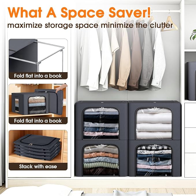 4 Pack Clothes Storage Bins with Metal Frame, Light Grey, 40L | Foldable Storage Boxes with Clear Window, Front & Top Zipper Openings, Stackable Organizer with Handles for Closet & Bedroom - Image 6