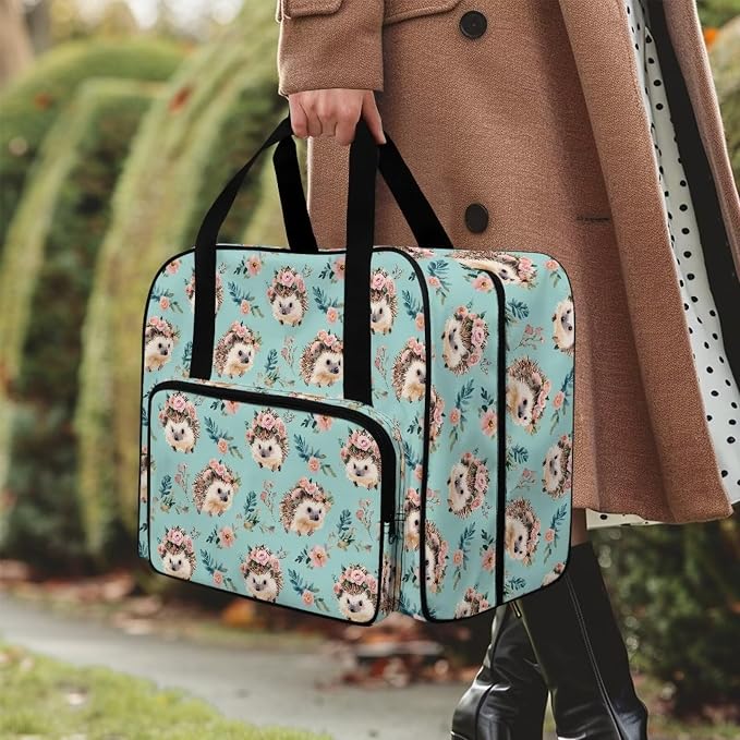 Sewing Machine Tote Bag Large Capacity Appliance Dust Storage Bag Versatile Travel Carrier Bag Portable Sewing Machine Organizer Bag, Hedgehog Flower Leaf Teal - Image 3
