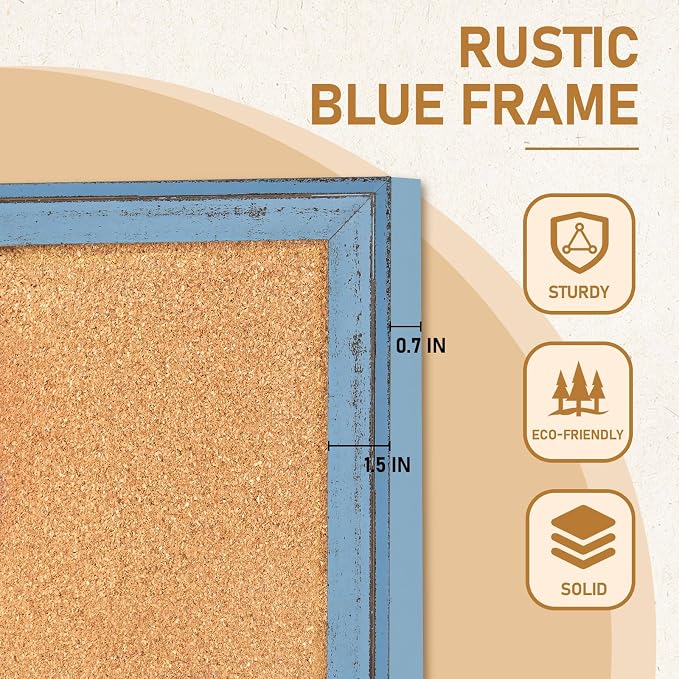 DOLLAR BOSS Cork Boards for Walls, 36 X 24 Inches Bulletin Board Decorative Hanging Pin Board Rustic Wooden Frame Vision Board Notice Board for Office Home Decor, Blue - Image 4