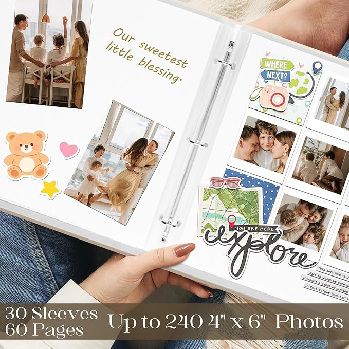 Vienrose Linen Scrapbook Photo Album Kit, Large 3 Ring Binder Scrapbook with 30 Plastic Sleeves, 15x13 Inch DIY Memory Book for Wedding, Baby Shower, Family & Kids Keepsake Gift, Beige - Image 6