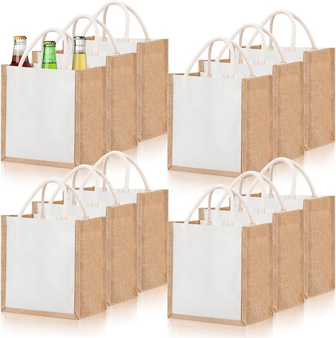 12 Pcs Burlap Tote Bag Mini Jute Reusable Bag with Handles Small Blank Canvas Gift Waterproof for Wedding Beach DIY by Cunno