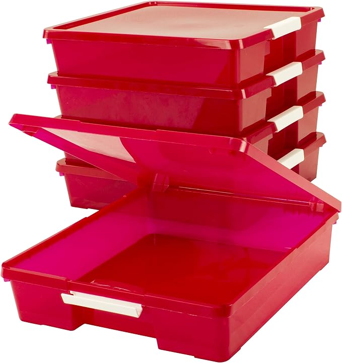 Storex Classroom Craft Project Box – Stacking Plastic Organizer Fits 12x12 Scrapbooking Paper, Red, 5-Pack (63204U05C) by Storex
