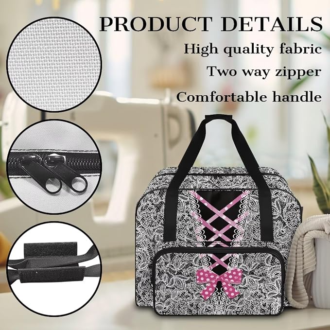 Sewing Machine Tote Bag Universal Sewing Storage Dust Bag Versatile Sewing Machine Carrying Case Portable Sewing Machine Organizer Bag, V-Neck Bow Lace Print - Image 5