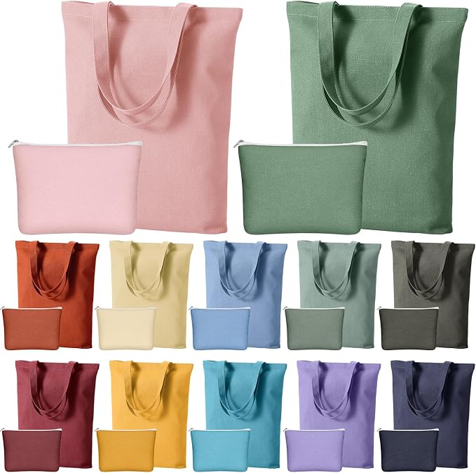 Dansydaisy 24 Pack Blank Tote Bags Bulk and Makeup Pouches 13 x 15 Inch Cotton Reusable Grocery Shopping Cloth Bags with Handles Pencil Cases with Zipper for DIY, Travel, Birthday Gift by Dansydaisy