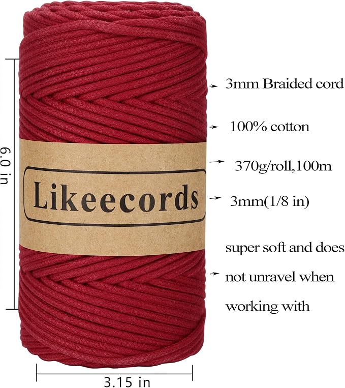 Likeecords 2 Skeins Braided Macrame Cotton Cord 3mm x 100m, Colorful Cotton Craft Cord for Bag, Wall Hanging, Plant Hangers, Crafts, Knitting (Dark Red) - Image 2