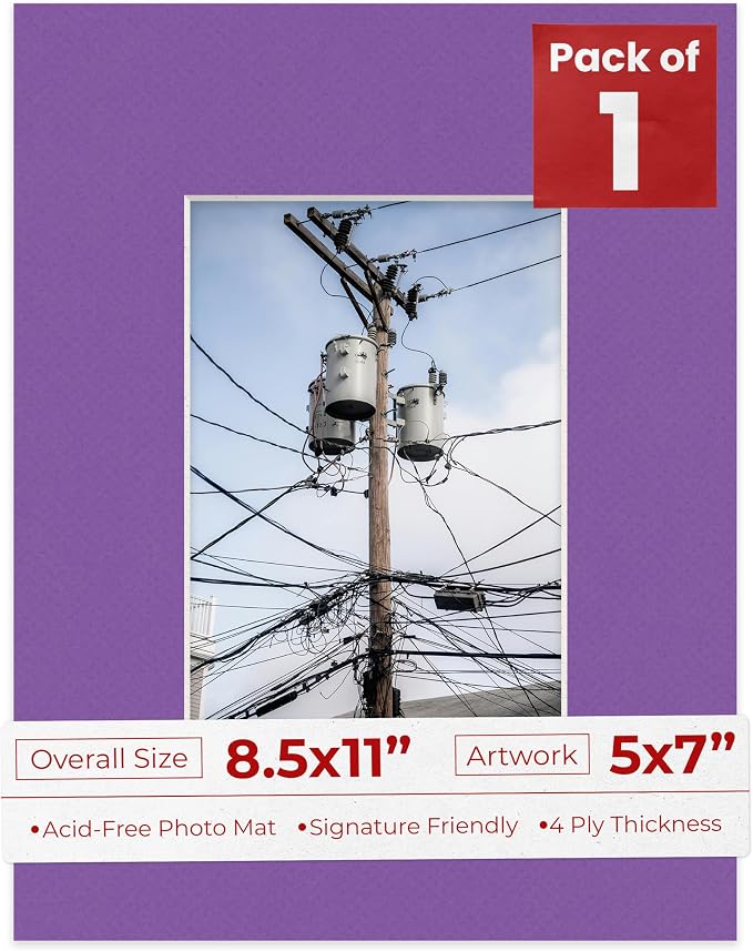 5x7 Mat for 8.5x11 Frame - Precut Mat Board Acid-Free Show Kit with Backing Board, and Clear Bags Purple 5x7 Photo Matte Made to Fit a 8.5x11 Picture Frame Matboard for Framing, Pack of 1 Mat by PosterPalooza