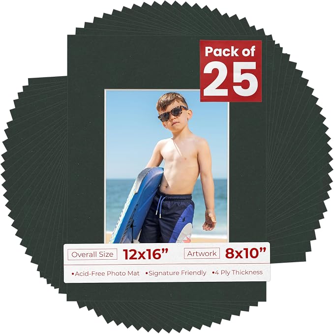 8x10 Mat for 12x16 Frame - Precut Mat Board Acid-Free Black 8x10 Photo Matte Made to Fit a 12x16 Picture Frame, Premium Matboard for Family Photos, Show Kits, Art, Picture Framing, Pack of 25 Mats by PosterPalooza