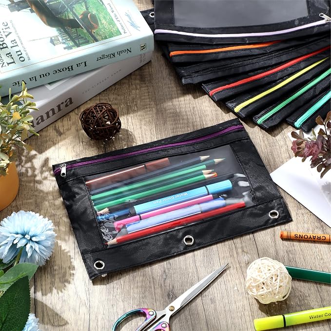 Leinuosen 64 Pack Black Pencil Pouch Bulk for 3 Ring Binder, Pencil Cases with Colored Zipper and Clear Window Storage Bag for Office, Back to School Classroom Supplies - Image 5