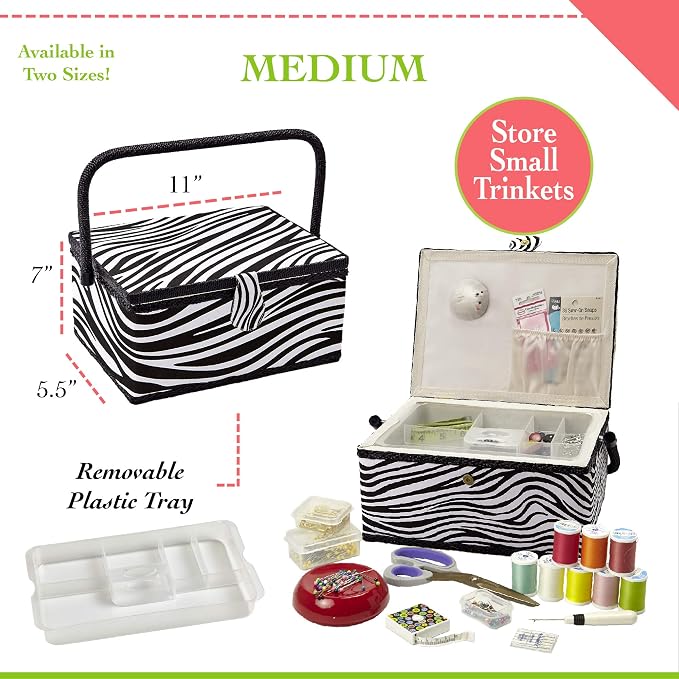 Sewing Basket with Zebra Design - Sewing Kit Storage Box with Removable Tray, Built-in Pin Cushion and Interior Pocket - by Adolfo Design (Medium - 11" x 7" x 5.5", Zebra) - Image 2