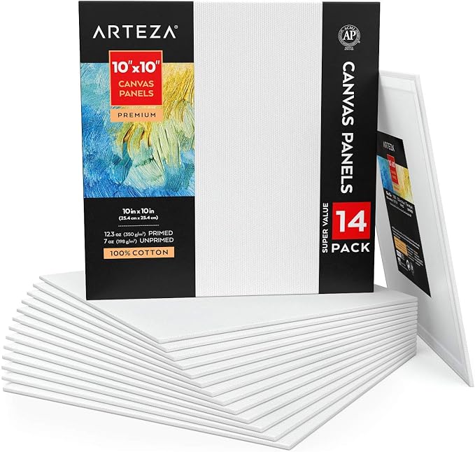 ARTEZA Canvases for Painting, Pack of 14, 10 x 10 Inches, Square Blank Art Canvas Boards, 100% Cotton, 12.3 oz Gesso-Primed, Art Supplies for Adults and Teens, Acrylic Pouring and Oil Painting by ARTEZA