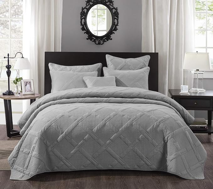 Tache Solid Light Grey Silver Soothing Pastel Soft Cotton Geometric Diamond Stitch Pattern Lightweight Quilted Bedspread 3 Piece Set, Queen - Image 5