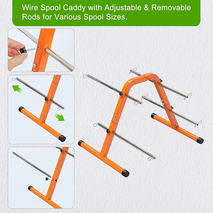SELEWARE Portable Wire Spool Caddy – Heavy-Duty Steel Cable Dispenser with 4 Adjustable Rods for Effortless Spool Storage & Dispensing (Orange) - Image 4