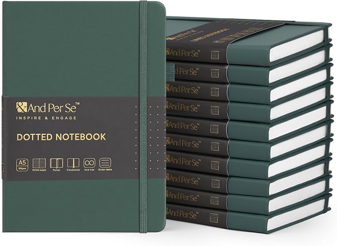 &And Per Se 10-Pack Dotted Notebooks, A5 Hardcover Dotted Journal Set, 160 Pages, 100gsm Paper, Office Supply Bulk Order, Corporate Workshop Materials – 3 Sticker Sheets Each (Green) by AndPerSe