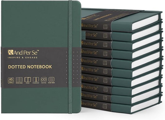 &And Per Se 10-Pack Dotted Notebooks, A5 Hardcover Dotted Journal Set, 160 Pages, 100gsm Paper, Office Supply Bulk Order, Corporate Workshop Materials – 3 Sticker Sheets Each (Green) by AndPerSe