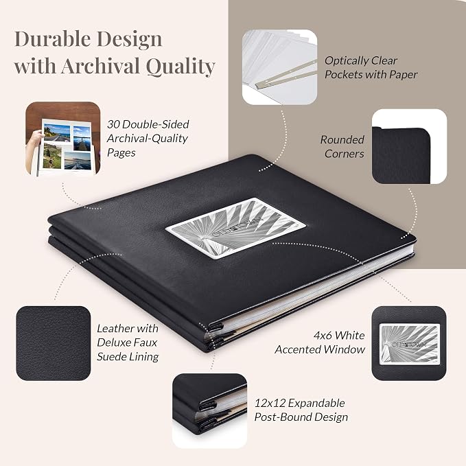 Old Town Bonded Leather Photo Album, Large Leather Scrapbook, Expandable Scrapbook Album 12x12 Double-Sided White Paper Pages and Optically Clear Pockets, Faux Suede Lining, Black - Image 3