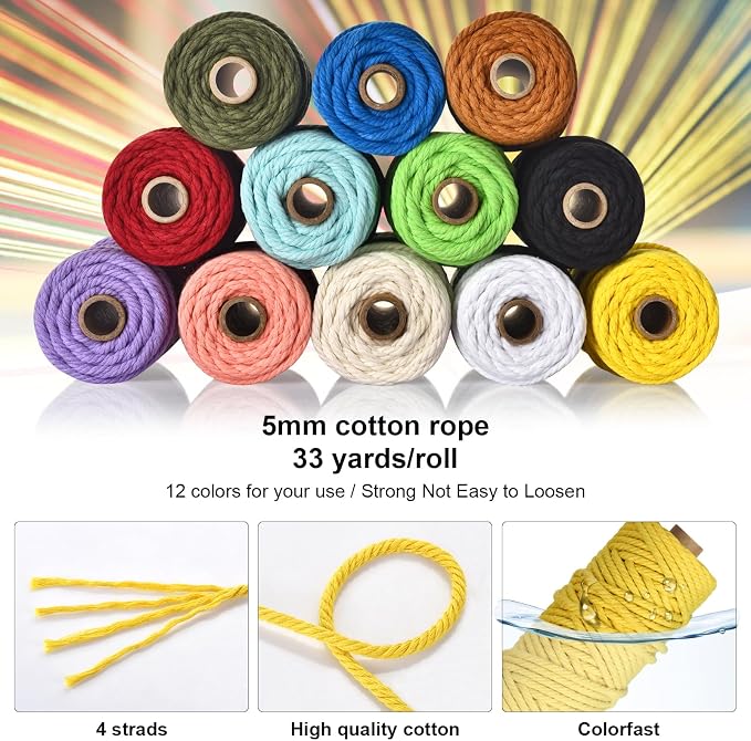 5mm x 396 Yards Macrame Cord - 12 Colors Natural Colored Macrame Cotton Cord Rope Kit - 4 Strand Twisted Cotton Rope for Wall Hanging，DIY Craft Making，Plant Hangers，Knotting Decorative Projects - Image 2