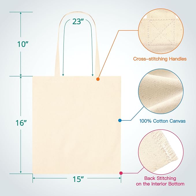 Phicorn Canvas Tote Bags, 15 x 16 in, 8 oz Cotton Blank | Long handles and reinforced stitching; blank cotton canvas for crafts, gifts, shopping, events, and everyday carrying - Image 2