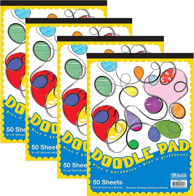 BAZIC Products Doodle Pad, Newsprint, 9 x 12 in, 50 Sheets, 4-Pack | 50-sheet newsprint doodle pad, Smooth paper for doodling, Sketching, Everyday drawing, Bulk pack by BAZICProducts