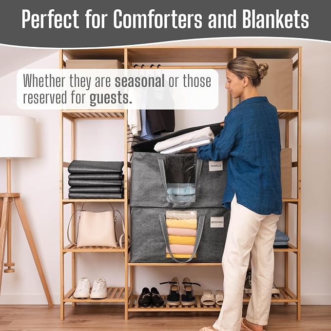 VENO 10 Pack Moving Bags, Comforter and Blanket Storage Bags for Closet, Moving Boxes, Boxes with Lids Alternative, College Dorm Packing Supplies, Foldable Heavy-Duty Tote with Window (Gray, 10 Pack) | Moving boxes Alternative, Heavy Duty, Storage Bags... - Image 2