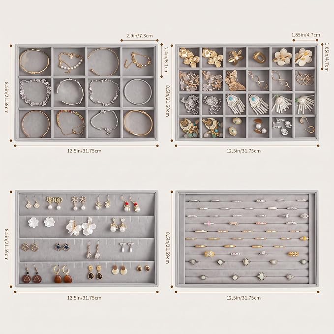 Jewelry Trays for Drawer,Set of 4 Jewelry Organizer and Storage | Velvet Material,Stackable,Adjustable Dividers,Drawer Inserts for Rings Studs Bracelet,Earring Organizer for Women Girls - Image 3