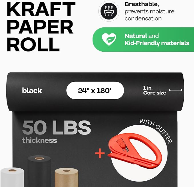 Black Kraft Paper Roll 24" x 2160" (180 feet) with Cutter - USA-Made - Image 2
