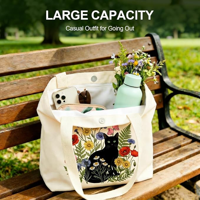 Printed Canvas Tote Bag Zipper Pocket & Magnetic Snap, Cat C | Versatile Hand Shoulder Carry, 15x16 Inch Large Large Capacity, for Work, Travel, Shopping - Image 5