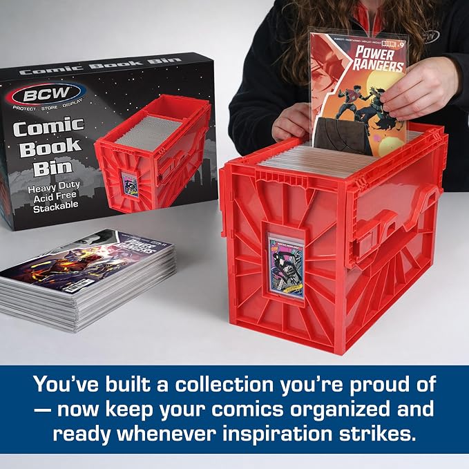 BCW Short Comic Book Bin | Holds 150 Comics | Stackable Plastic Storage | Acid-Free Organizer | Red, 5 Pack - Image 2