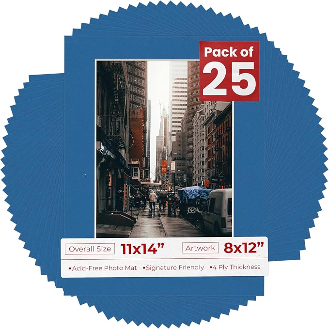 8x12 Mat for 11x14 Frame - Precut Mat Board Acid-Free Show Kit with Backing Board, and Clear Bags Royal Blue 8x12 Photo Matte Made to Fit a 11x14 Picture Frame Matboard for Framing, Pack of 25 Mats by PosterPalooza
