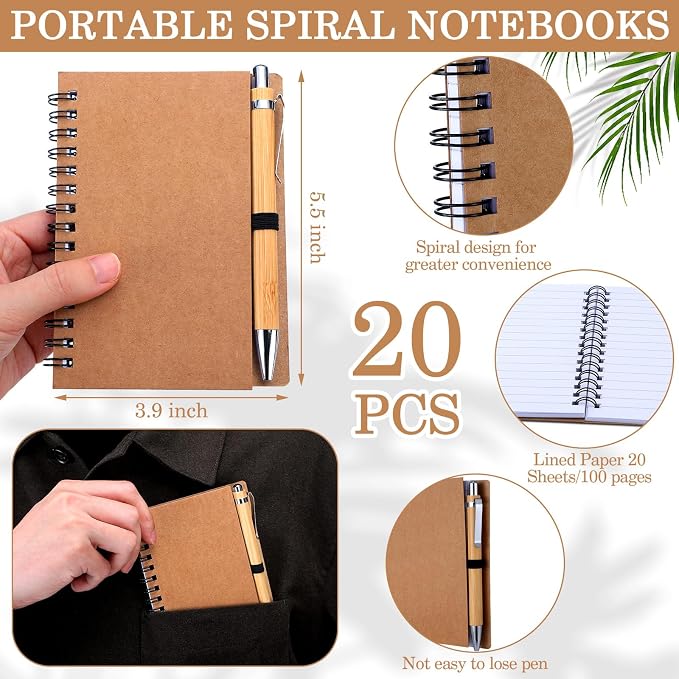Engrowtic 20 Set Bulk Notebooks with Pens Appreciation Gifts, Spiral Kraft Pocket Notebooks Lined Journal with Bamboo Pens Personalized Gifts for Employee Teachers Father's Day Back to School Favors - Image 2