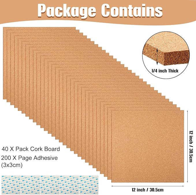 Kosiz 40 Pack Cork Board Square 12" x 12", 1/4" Thick Cork Board Tiles Bulk for Wall Self Adhesive Bulletin Corkboards Tiles Sheet for Wall School Office Home Decoration - Image 2