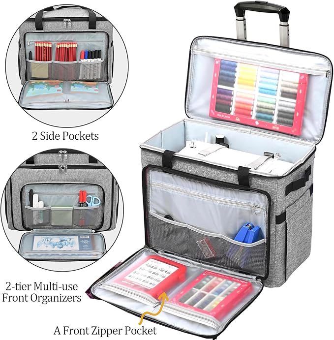 Sewing Machine Case with Wheels, Rolling Tote Organizer Sewing Class Bag - Image 2
