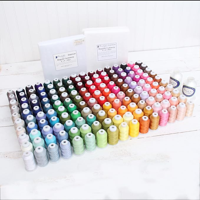 ThreadArt Ultimate Embroidery Starter Kit, 160 Cones + Stabilizer & Bobbin | Machine embroidery starter kit with polyester thread, stabilizer, bobbins and rack. Works with all embroidery machines. by ThreadArt
