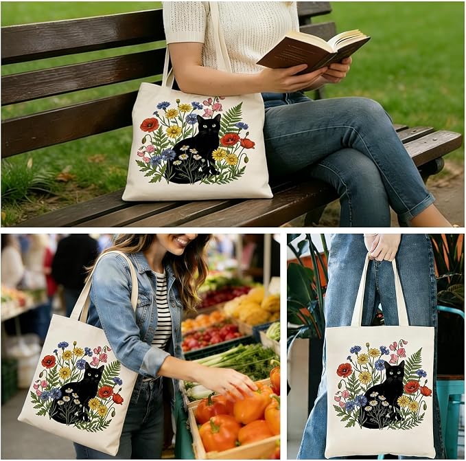 Printed Canvas Tote Bag Zipper Pocket & Magnetic Snap, Cat C | Versatile Hand Shoulder Carry, 15x16 Inch Large Large Capacity, for Work, Travel, Shopping - Image 2