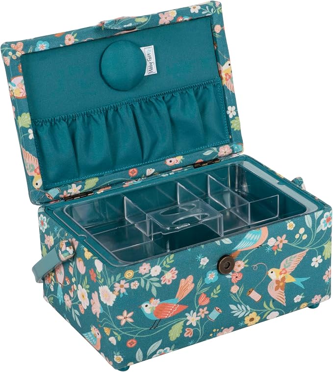 Hobby Gift Medium Sewing Box Organiser, Fabric Covered Storage Box with Handle, Internal Tray, Pin Cushion and Pocket for Sewing, Quilting and Knitting Supplies - Image 9