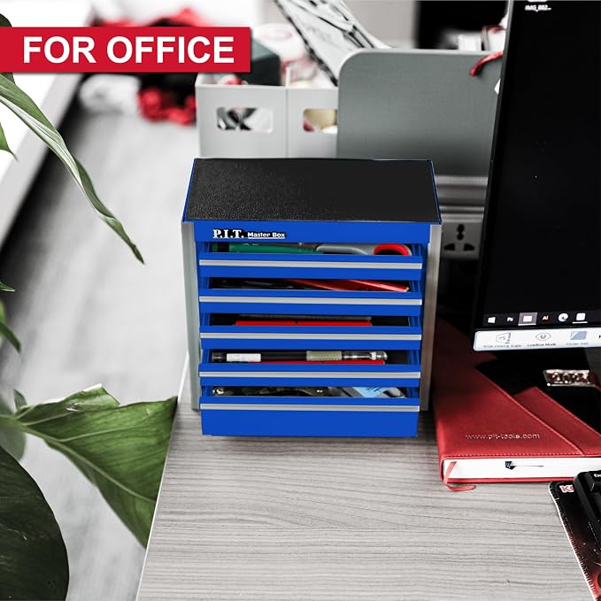 P.I.T. Mini Tool Box,Small Metal Toolbox Organizer with 5 Drawers,Blue | 8.6"W X 4.6"D Cute Size,Q235 Steel,Magnetic Locking Mechanism,PVC Drawer Liners - Image 4